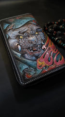 Badass Black Leather Men's Chinese Lion Biker Wallets Handmade Tooled Zipper Long Wallets For Men