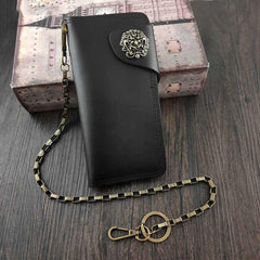 Badass Black Leather Men's Long Biker Chain Wallet Black Long Wallet with Chain For Men