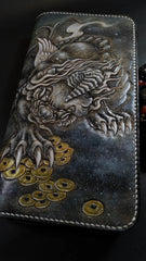 Badass Black Leather Men's Chinese Monster Long Biker Wallet Handmade Tooled Zipper Long Wallets For Men