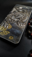 Badass Black Leather Men's Chinese Monster Long Biker Wallet Handmade Tooled Zipper Long Wallets For Men