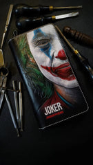 Badass Black Leather Men's Joker Long Biker Wallet Handmade Tooled Zipper Long Wallets For Men