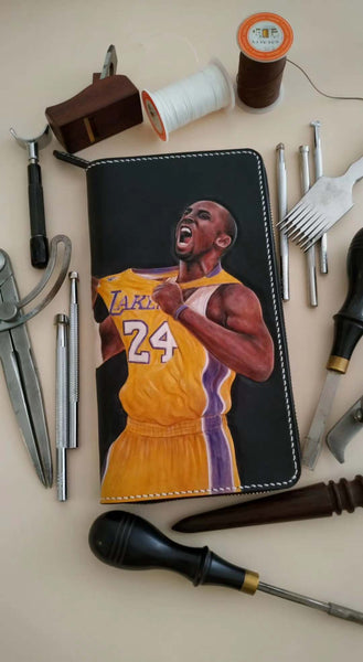 Badass Black Leather Men's Kobe Bryant Yellow Jersey Long Biker Wallet Handmade TW14001002