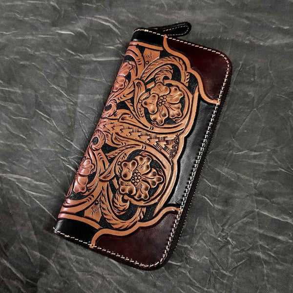 Badass Maroon Leather Men's Long Biker Tooled Wallet Floral Tooled Zipper Long W WG02952018
