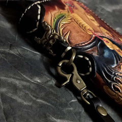 Badass Black Leather Men's Long Biker Handmade Wallet Beast Tooled Zipper Long Chain Wallets For Men