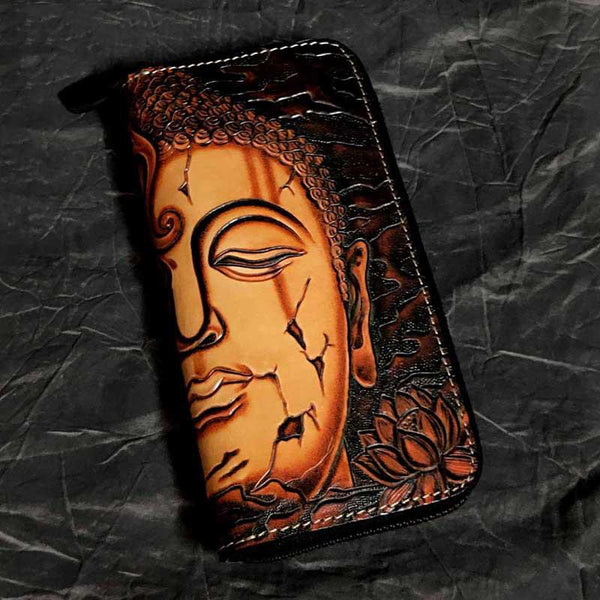 Badass Black Leather Men's Clutch Wallet Buddha - Back View