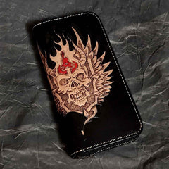 Black Leather Men's Long Biker Wallet Ghost Skull Badass Handmade Tooled Zipper Long Wallets For Men