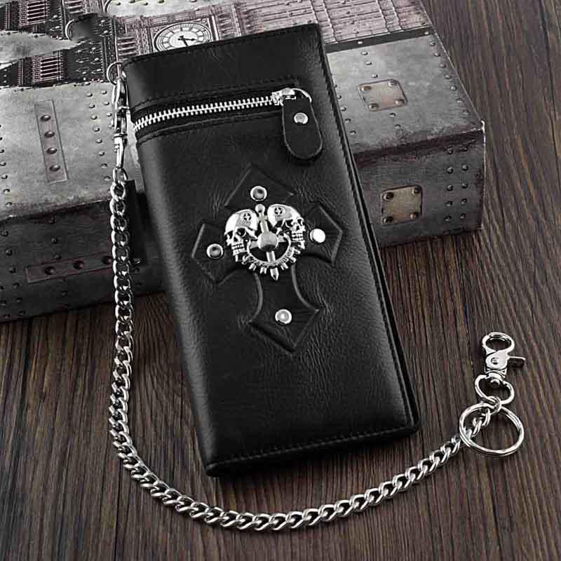 Badass Black Leather Men's Skull Long Biker Wallet Bifold Black Chain