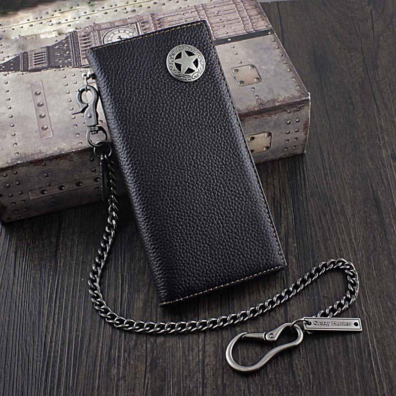 Badass Black Leather Men's Metal Star Long Biker Chain Wallet Bifold Long Wallet with Chain For Men