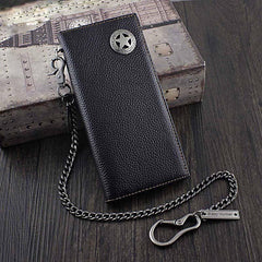 biker billfolds​ Badass Black Leather Men's Metal Star Long Biker Chain Wallet Bifold Long Wallet with Chain For Men