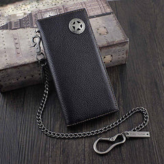 Badass Black Leather Men's Metal Star Long Biker Chain Wallet Bifold Long Wallet with Chain For Men