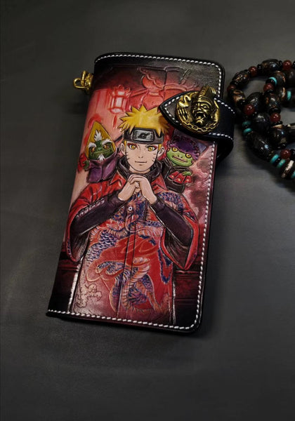 Badass Black Leather Men's Naruto Long Biker Wallet Handmade Tooled Zipper Long TW12001005