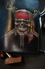 Badass Leather Men's Pirate Skull Long Biker Wallet Handmade Tooled Biker Chain Wallets For Men