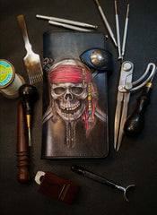 Badass Leather Men's Pirate Skull Long Biker Wallet Handmade Tooled Biker Chain Wallets For Men