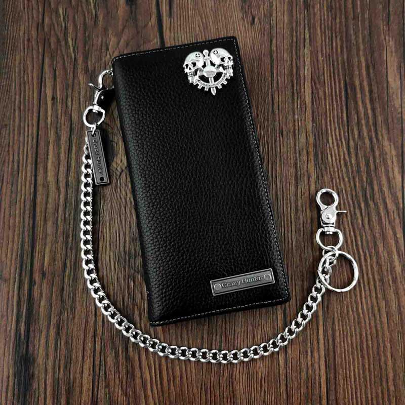 Badass Black Leather Men's Punk Long Biker Chain Wallet Skull Bifold Chain Long Wallet For Men