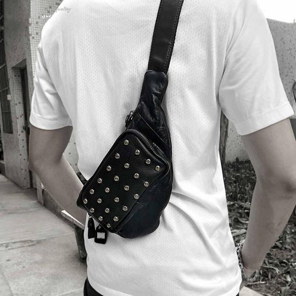 Badass Black Leather Men's Sling Bag Punk - Back View
