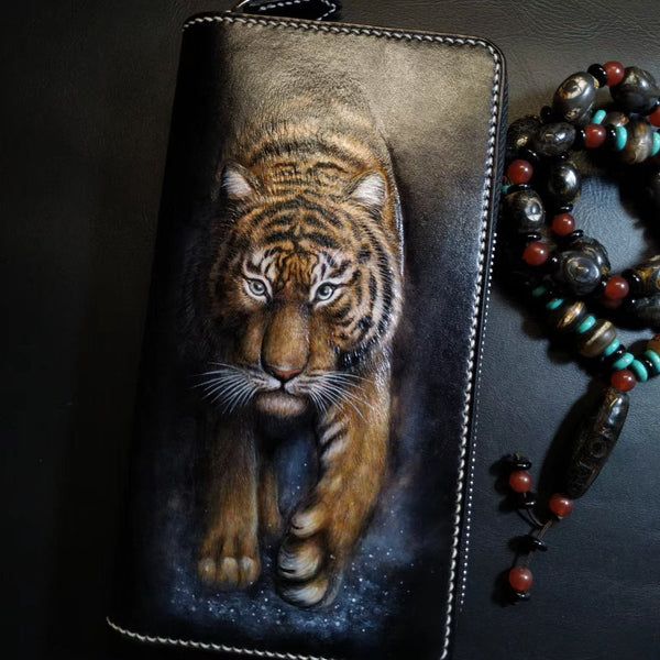 Badass Black Leather Men's Tiger Long Biker Wallet Handmade Tooled Zipper Long W TW12001009