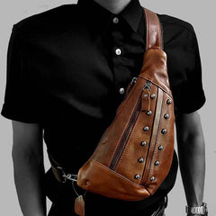 Badass Brown Leather Men's Sling Bags Chest Bag Brown One shoulder Backpack Sling Bag For Men