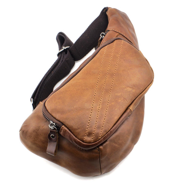 Brown Leather Men's Sling Bags Chest Bags - Back View