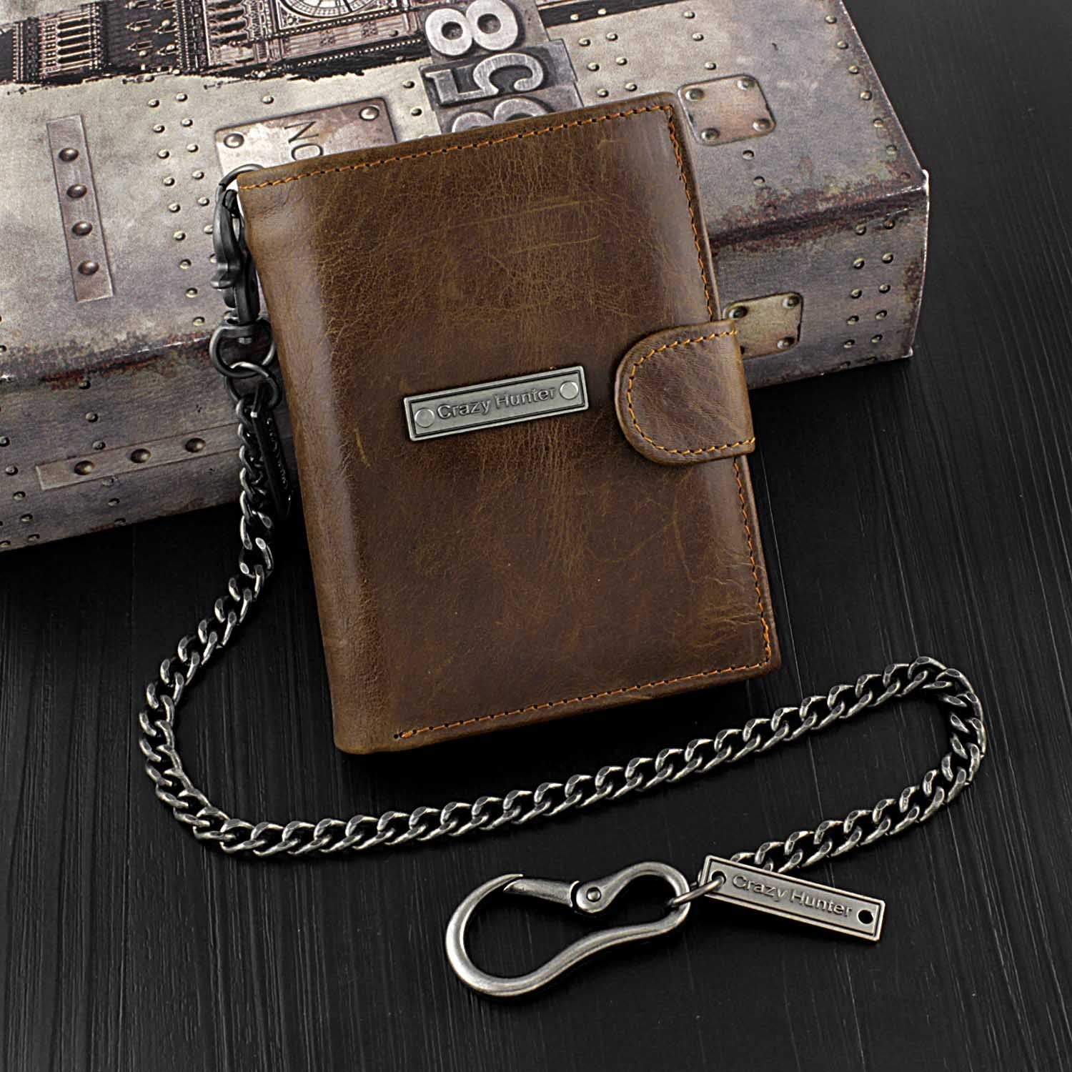 Brown Leather Men's Trifold Small Biker Wallet Chain Wallets Badass Wa