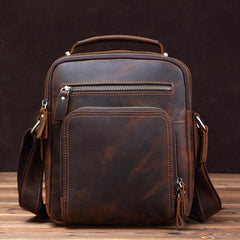 Small Brown Leather Messenger Bag Men's Vertical Side Bag Mini Vertical HandBag Courier Bag For Men