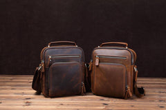 Small Brown Leather Messenger Bag Men's Vertical Side Bag Mini Vertical HandBag Courier Bag For Men