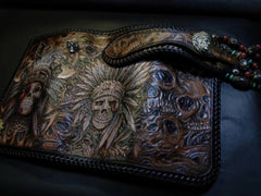 Badass Black Leather Men's Indian Chief Skull Biker Wallet Handmade Tooled Zipper Long Wallets For Men