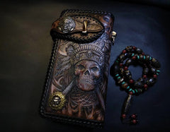 Badass Black Leather Men's Indian Chief Skull Biker Wallet Handmade Tooled Zipper Long Wallets For Men