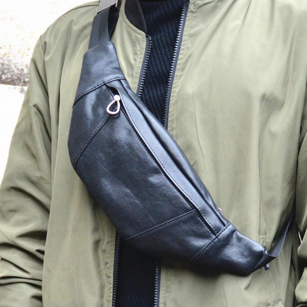 Slim Leather Black Fanny Pack Men's Black - Back View