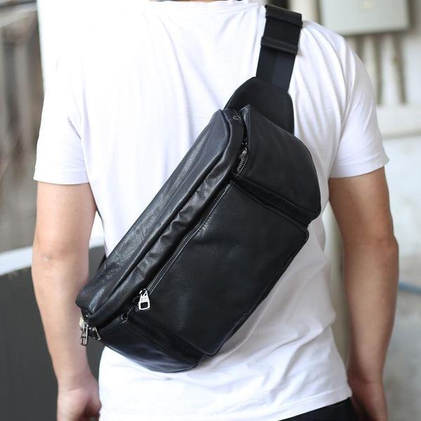 Black Leather Fanny Pack Men's Black Chest - Back View