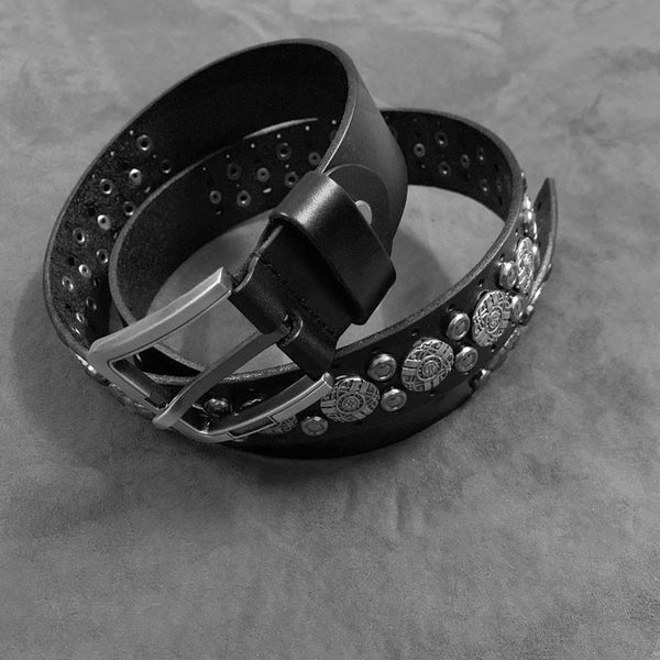 Badass Black Leather Metal Rock Punk Belt Black Motorcycle Belt Leather Rivet Be WG00852026