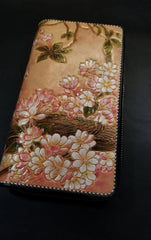 Brown Leather Women Cherry Blossom Tree Biker Wallet Handmade Tooled Zipper Long Wallets For Men