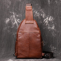 Brown Leather Men's Sling Bag Sling Pack - Chain Detail