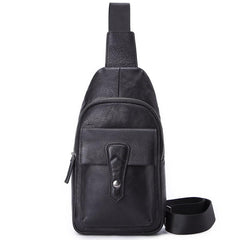 Black Mens Leather Sling Bag Chest Bag One shoulder Black Backpack Sports Bag For Men