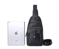 Black Mens Leather Sling Bag Chest Bag One shoulder Black Backpack Sports Bag For Men