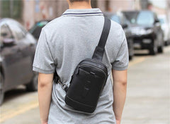 Badass Black Leather Men's 8-inch Trendy Sling Bag Chest Bag One shoulder Backpack Sports Bag For Men
