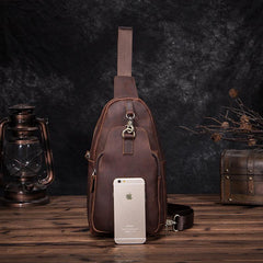 Badass Brown Leather Men's Sling Bag Chest Bag Vintage One shoulder Backpack For Men