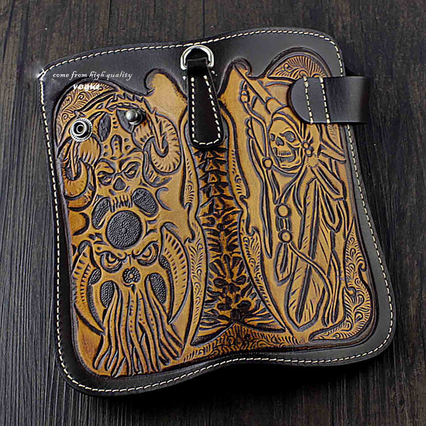 Badass Skull Leather Men's Long Wallet with Chain Biker Wallet Chain Wallet For WG02781031