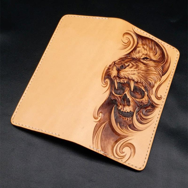 Beige Handmade Tooled Lion Skull Leather Mens Long Wallet Bifold Clutch For Men QJ11001006