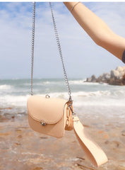 Beige Leather Women Small Handbag Chain Shoulder Bag For Women