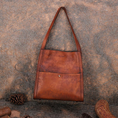 Best Brown Leather Womens Square Totes Handbag - Stitching Detail