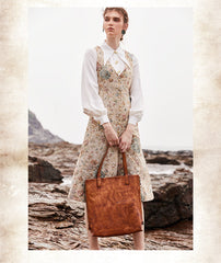 Best Coffee Leather Womens Vertical Tote Handbag Handmade Vintage Tote Shoulder Purse for Ladies