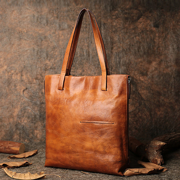 Best Brown Leather Womens Vertical Totes Handbag - Chain Detail