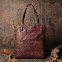 Best Brown Leather Womens Vertical Tote Handbag Handmade Vintage Tote Shoulder Purse for Ladies