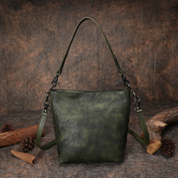 Best Green Leather Womens Vintage Tote Handbag - Back View Open