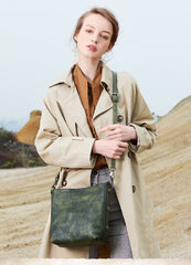 Best Green Leather Womens Vintage Tote Handbag - Leather Texture Detail