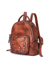 Best Vintage Rivet Brown Leather Rucksack Womens Small School Backpacks Leather Backpack Purse