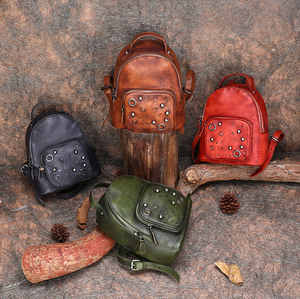Best Vintage Rivet Brown Leather Rucksack Womens - Overall View
