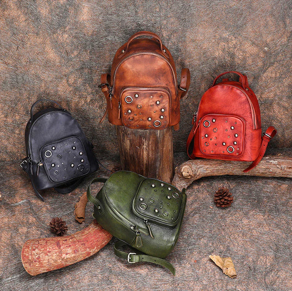 Best Vintage Rivet Green Leather Rucksack Womens - Overall View