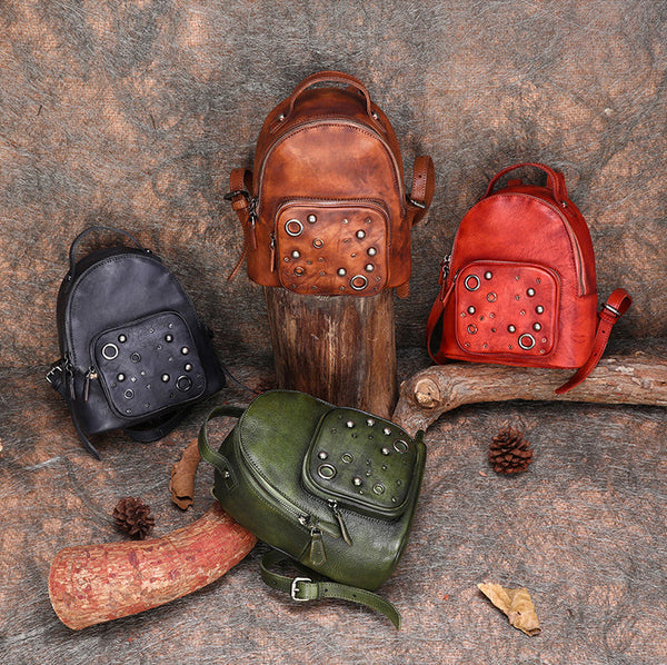 Best Vintage Rivet Red Leather Rucksack Womens - Overall View