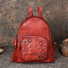 Best Vintage Rivet Red Leather Rucksack Womens Small School Backpacks Leather Backpack Purse